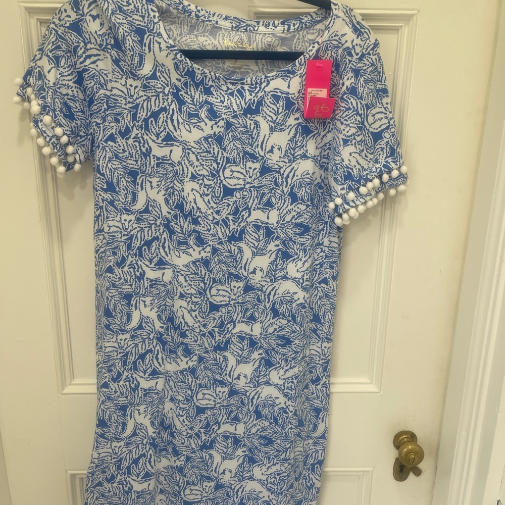 Blue and White Patterned Dress with Pom Pom sleeves . Lilly Pulitzer new  w tags